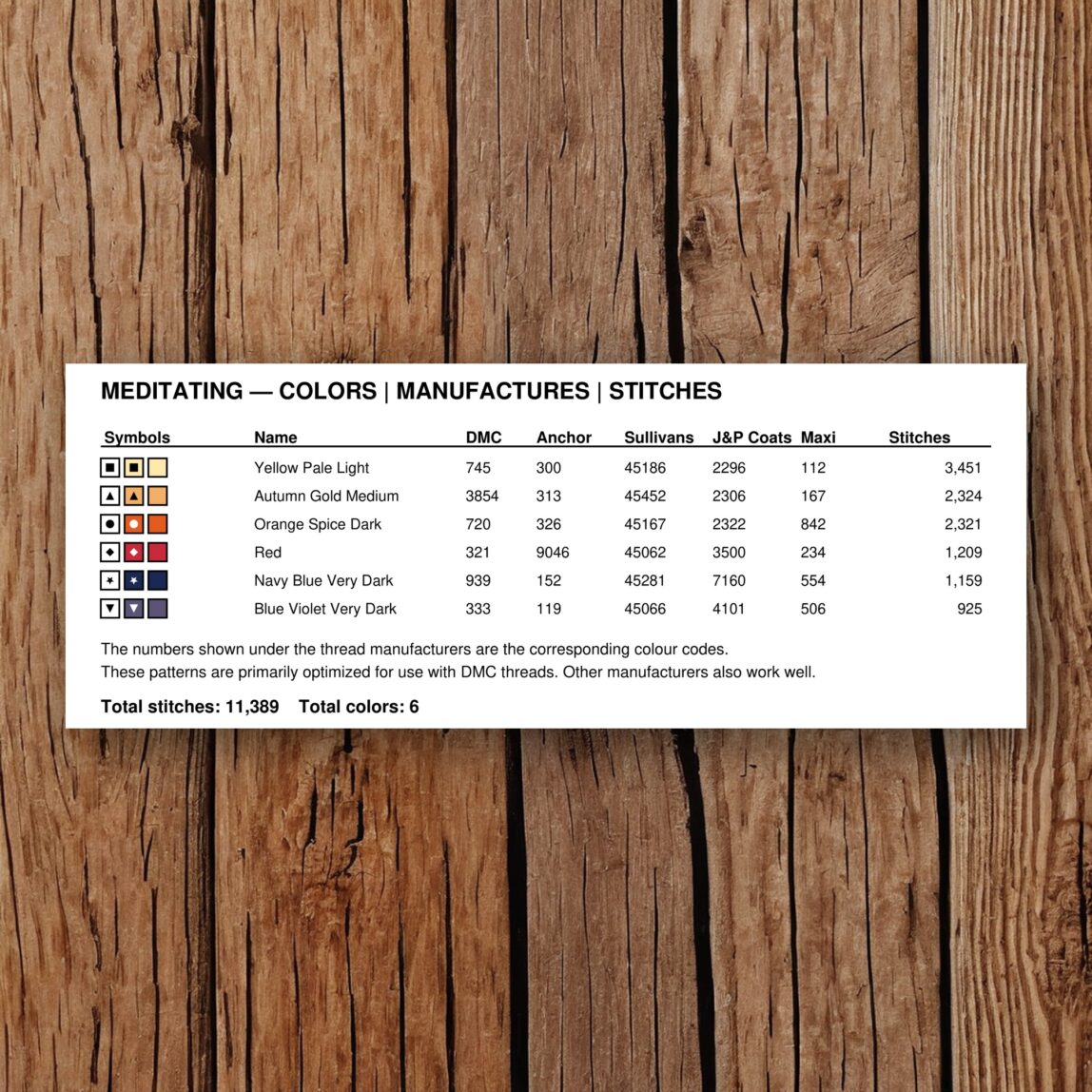 meditating thread color chart with DMC, Anchor, Sullivans, J&P Coats and Maxi color references