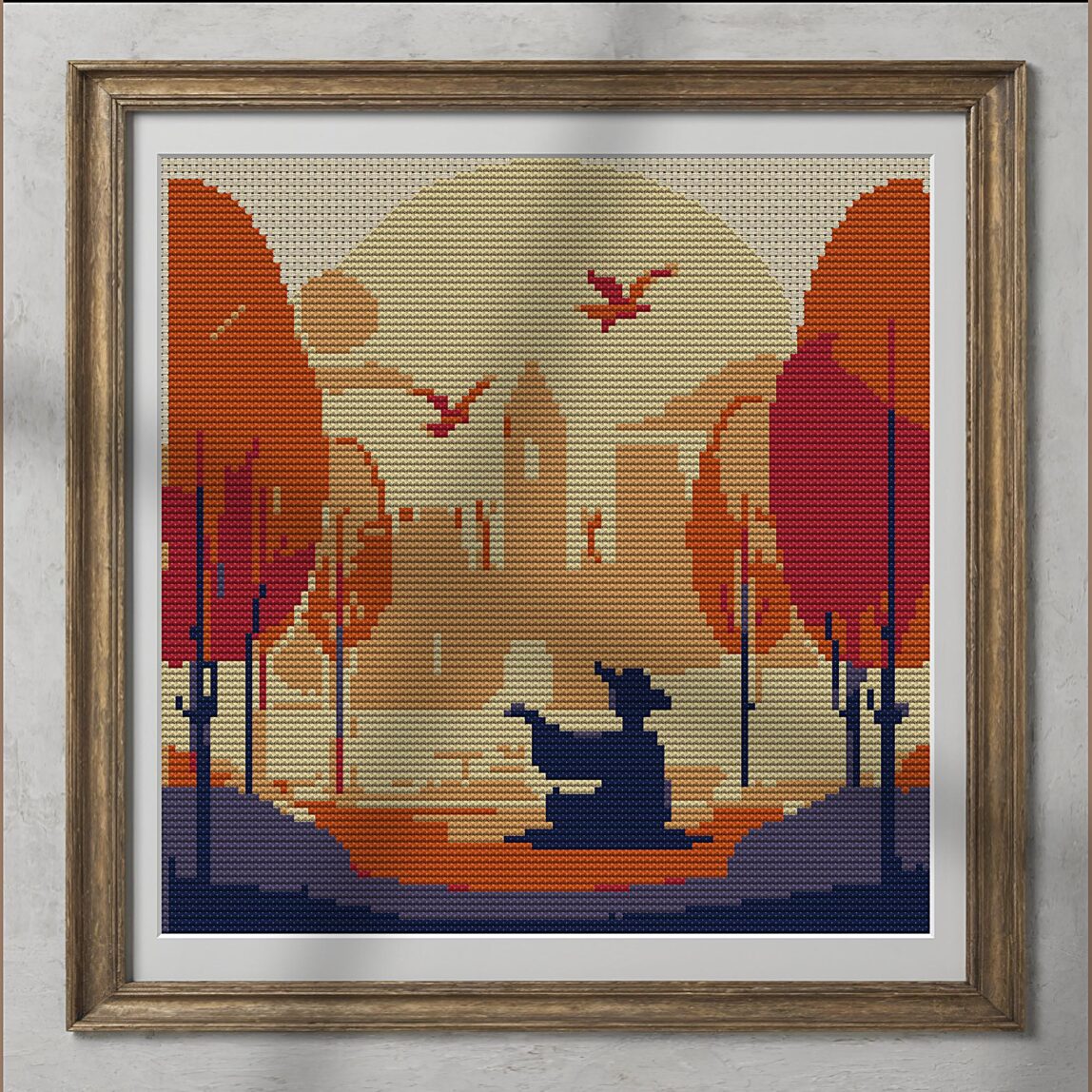 meditating alternative framed cross stitch mockup, realistic finished embroidery presentation