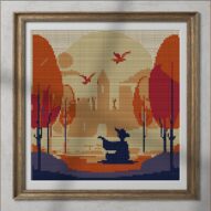 meditating alternative framed cross stitch mockup, realistic finished embroidery presentation