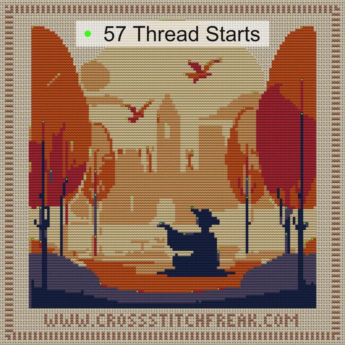 meditating cross stitch start point map with highlighted thread start positions in the full design