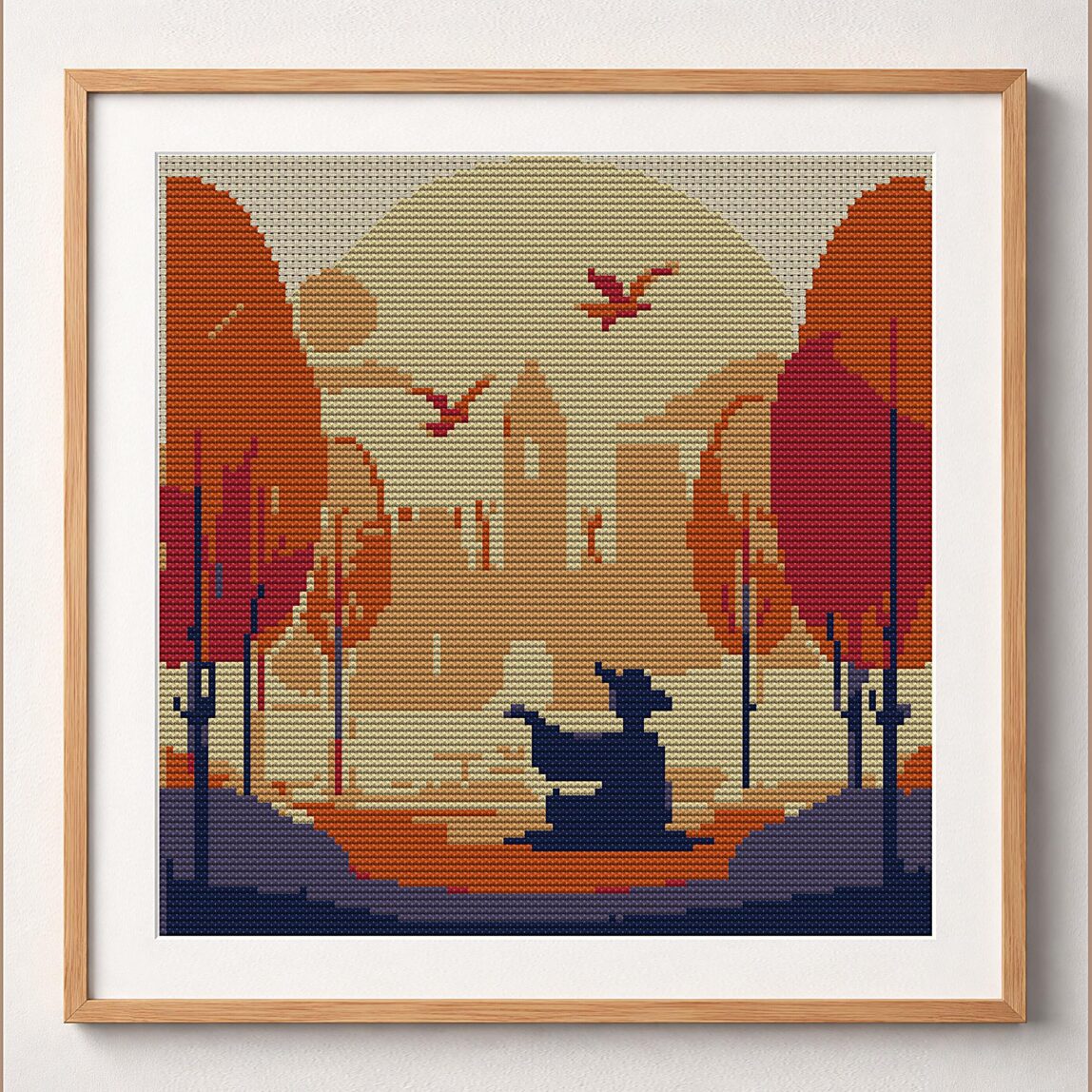 meditating framed cross stitch mockup, realistic finished embroidery design, PDF pattern digital download