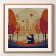 meditating framed cross stitch mockup, realistic finished embroidery design, PDF pattern digital download