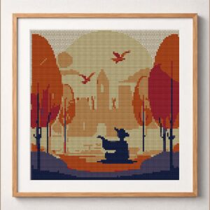 meditating framed cross stitch mockup, realistic finished embroidery design, PDF pattern digital download