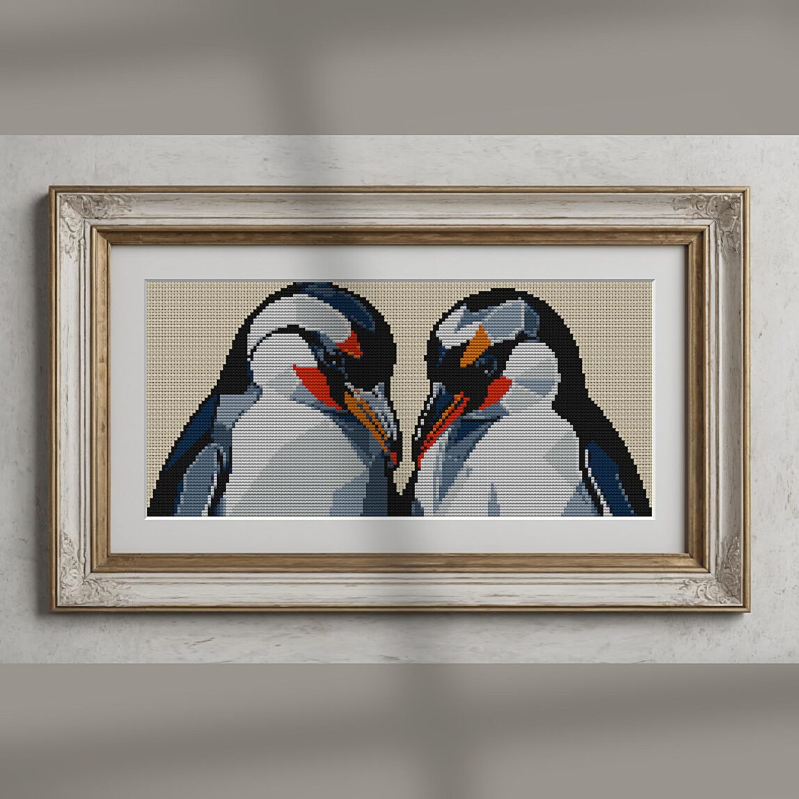 penguin-discussion alternative framed mockup penguin-discussion alternative framed cross stitch mockup, realistic finished embroidery presentation