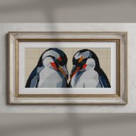 penguin-discussion alternative framed cross stitch mockup, realistic finished embroidery presentation
