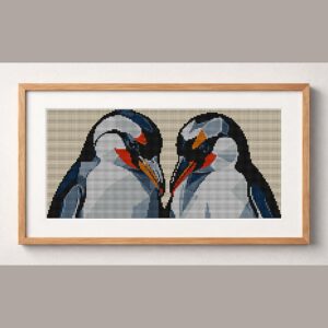 penguin-discussion framed cross stitch mockup, realistic finished embroidery design, PDF pattern digital download