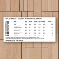 stylish-badger thread color chart with DMC, Anchor, Sullivans, J&P Coats and Maxi color references