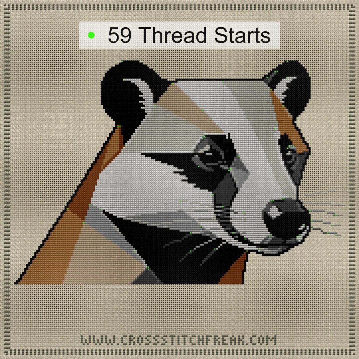 stylish-badger cross stitch start point map with highlighted thread start positions in the full design