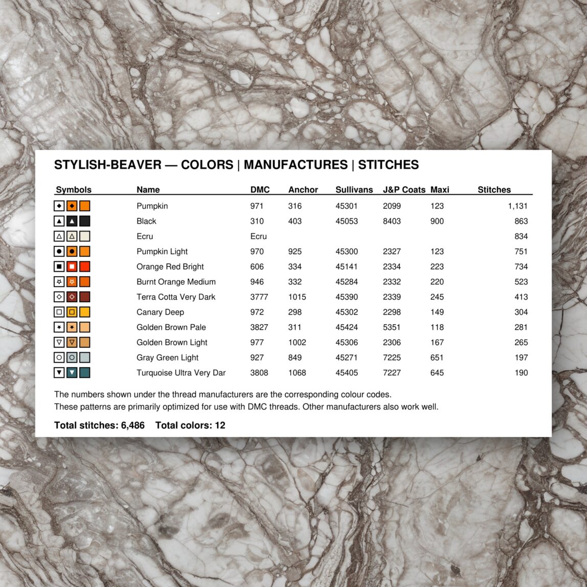 stylish-beaver thread color chart with DMC, Anchor, Sullivans, J&P Coats and Maxi color references
