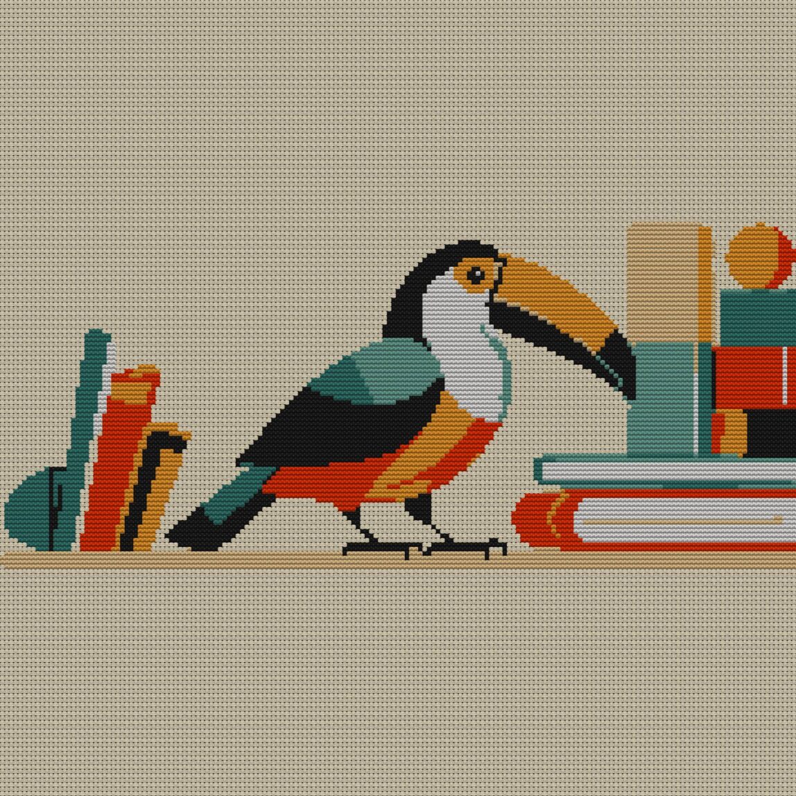 toucan-in-library full cross stitch design mockup without frame, realistic embroidery preview