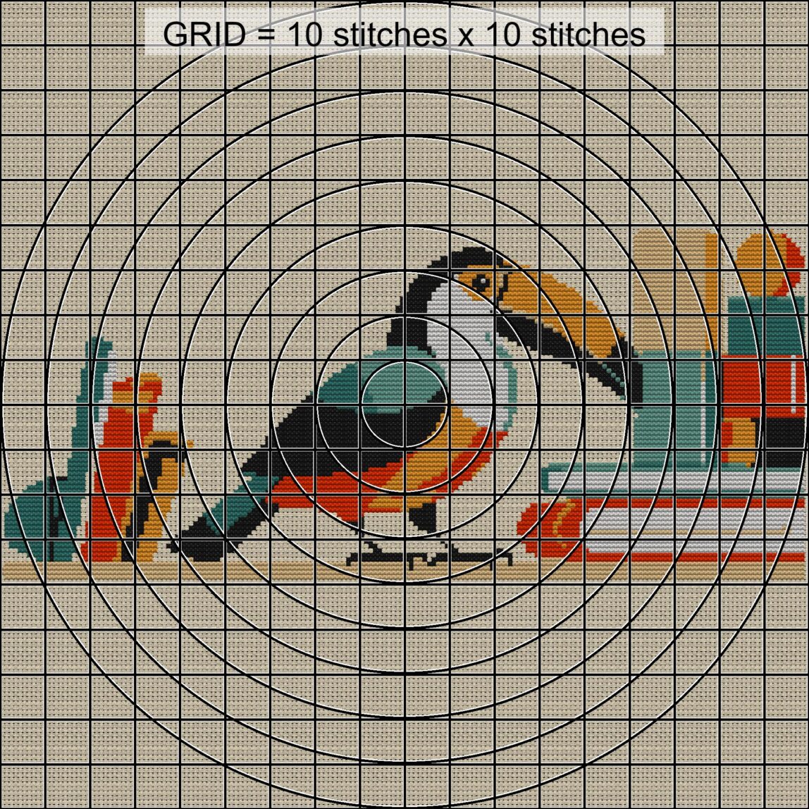 toucan-in-library close-up cross stitch detail showing color changes, confetti areas and stitch texture