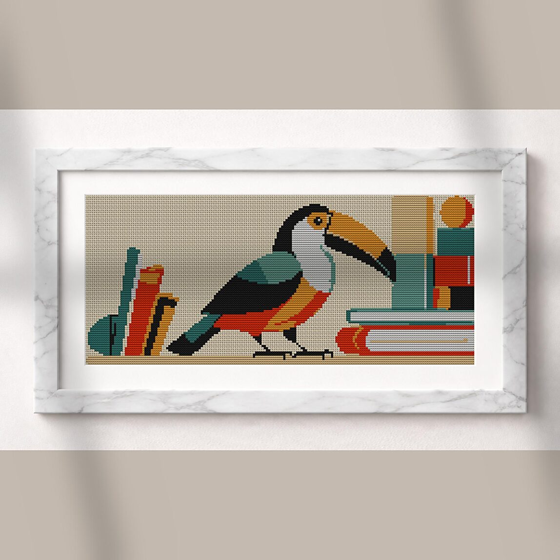 toucan-in-library alternative framed cross stitch mockup, realistic finished embroidery presentation
