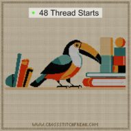 toucan-in-library cross stitch start point map with highlighted thread start positions in the full design