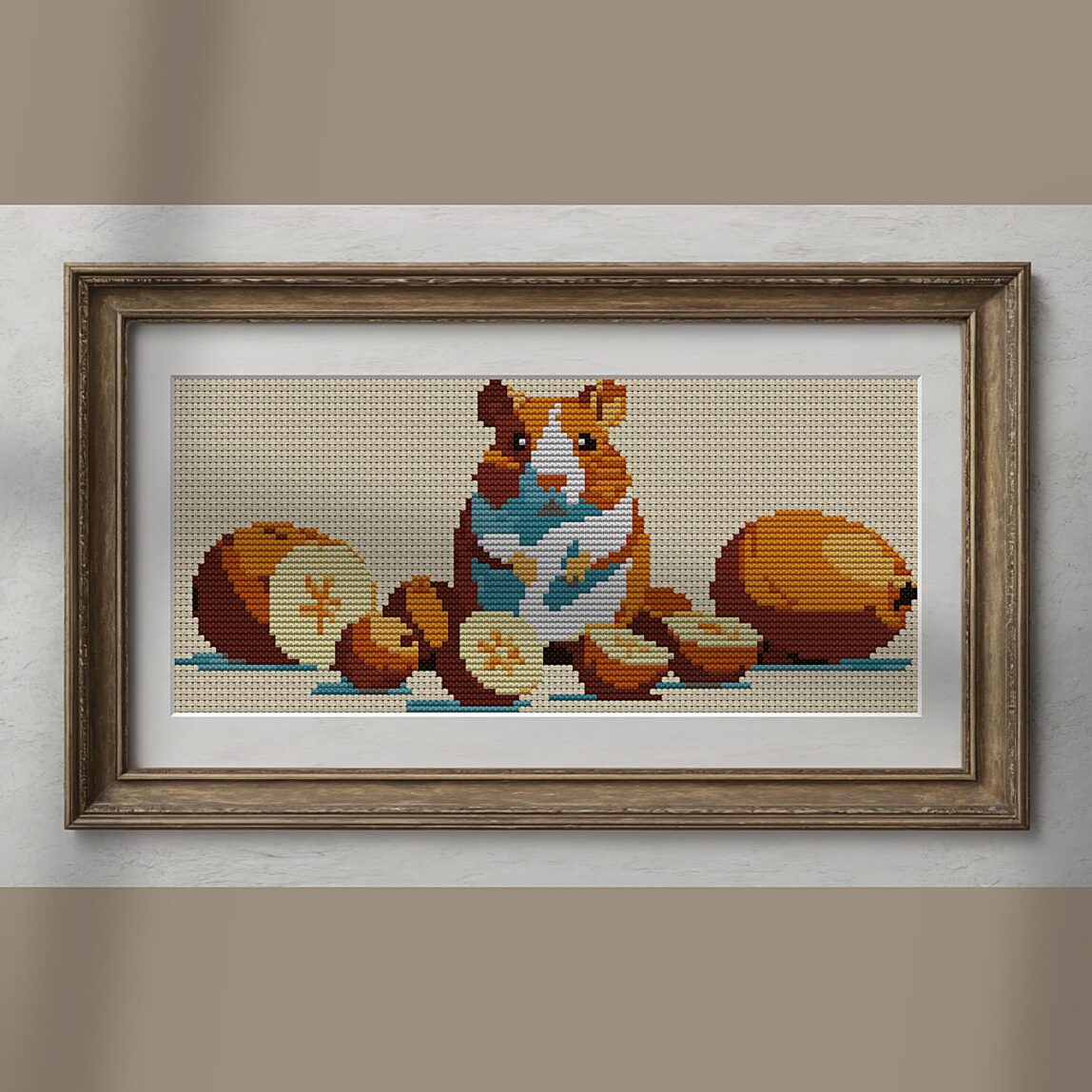 true-hamster alternative framed cross stitch mockup, realistic finished embroidery presentation