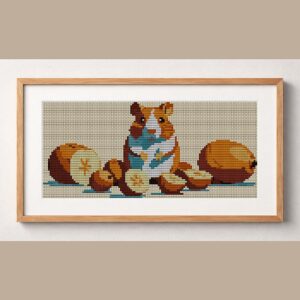 true-hamster framed cross stitch mockup, realistic finished embroidery design, PDF pattern digital download