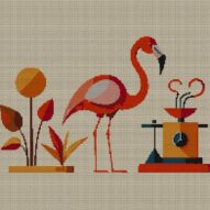 minimal-flamingo-still-li full cross stitch design mockup without frame, realistic embroidery preview