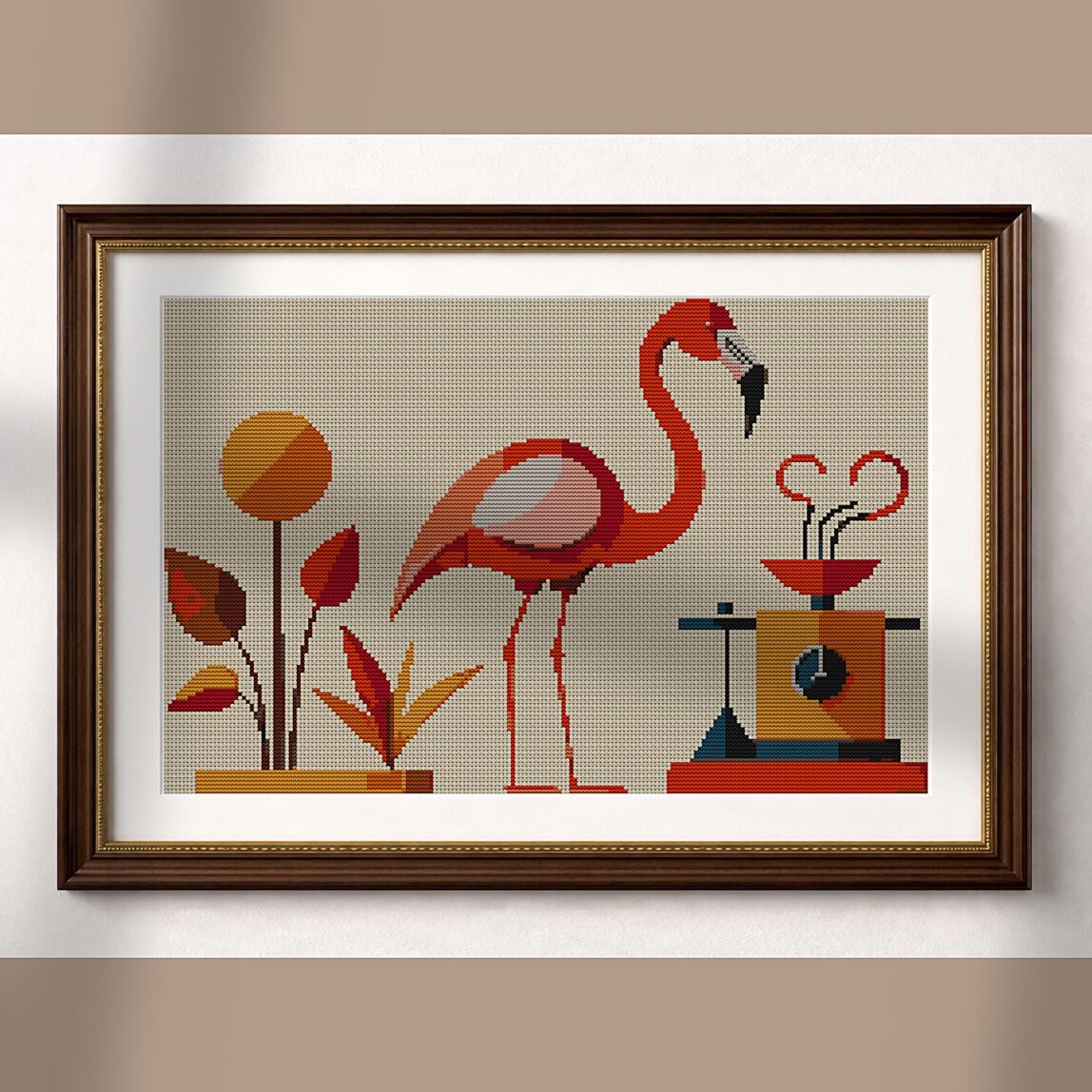 minimal-flamingo-still-li alternative framed cross stitch mockup, realistic finished embroidery presentation