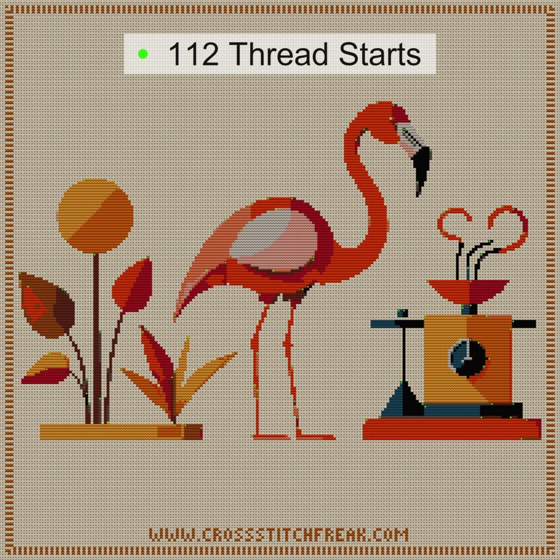 minimal-flamingo-still-li cross stitch start point map with highlighted thread start positions in the full design