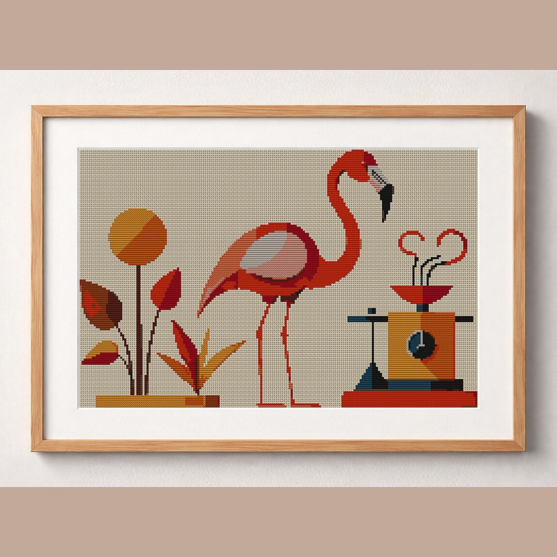 minimal-flamingo-still-li framed cross stitch mockup, realistic finished embroidery design, PDF pattern digital download