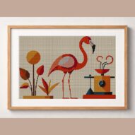 minimal-flamingo-still-li framed cross stitch mockup, realistic finished embroidery design, PDF pattern digital download
