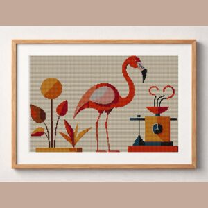 minimal-flamingo-still-li framed cross stitch mockup, realistic finished embroidery design, PDF pattern digital download