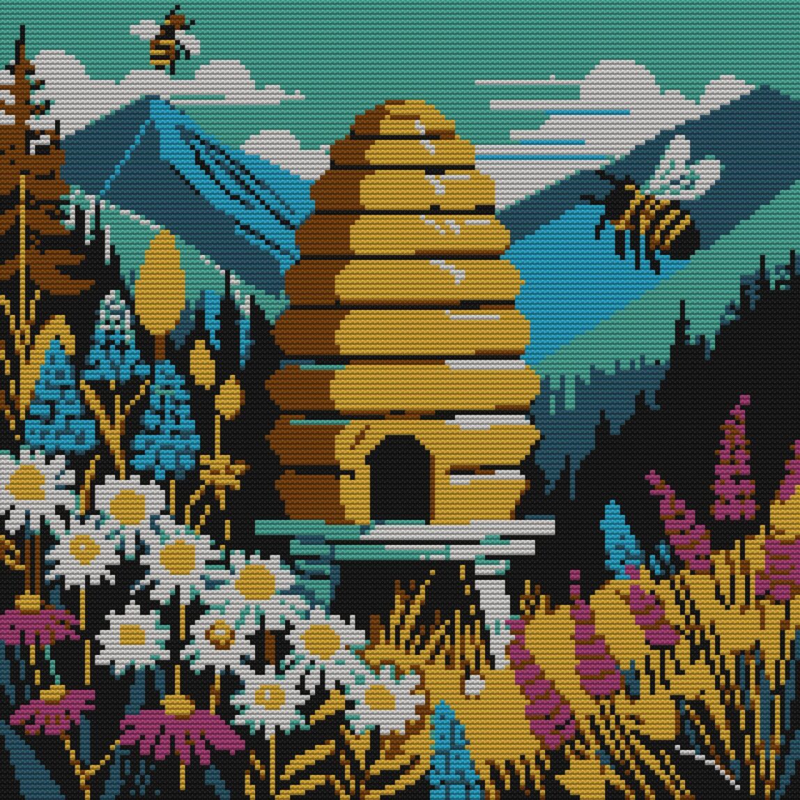 bee-hive_v17 full design mockup without frame bee-hive_v17 full cross stitch design mockup without frame, realistic embroidery preview