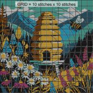 bee-hive_v17 close-up cross stitch detail showing color changes, confetti areas and stitch texture