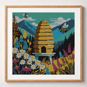 bee-hive_v17 framed cross stitch mockup, realistic finished embroidery design, PDF pattern digital download