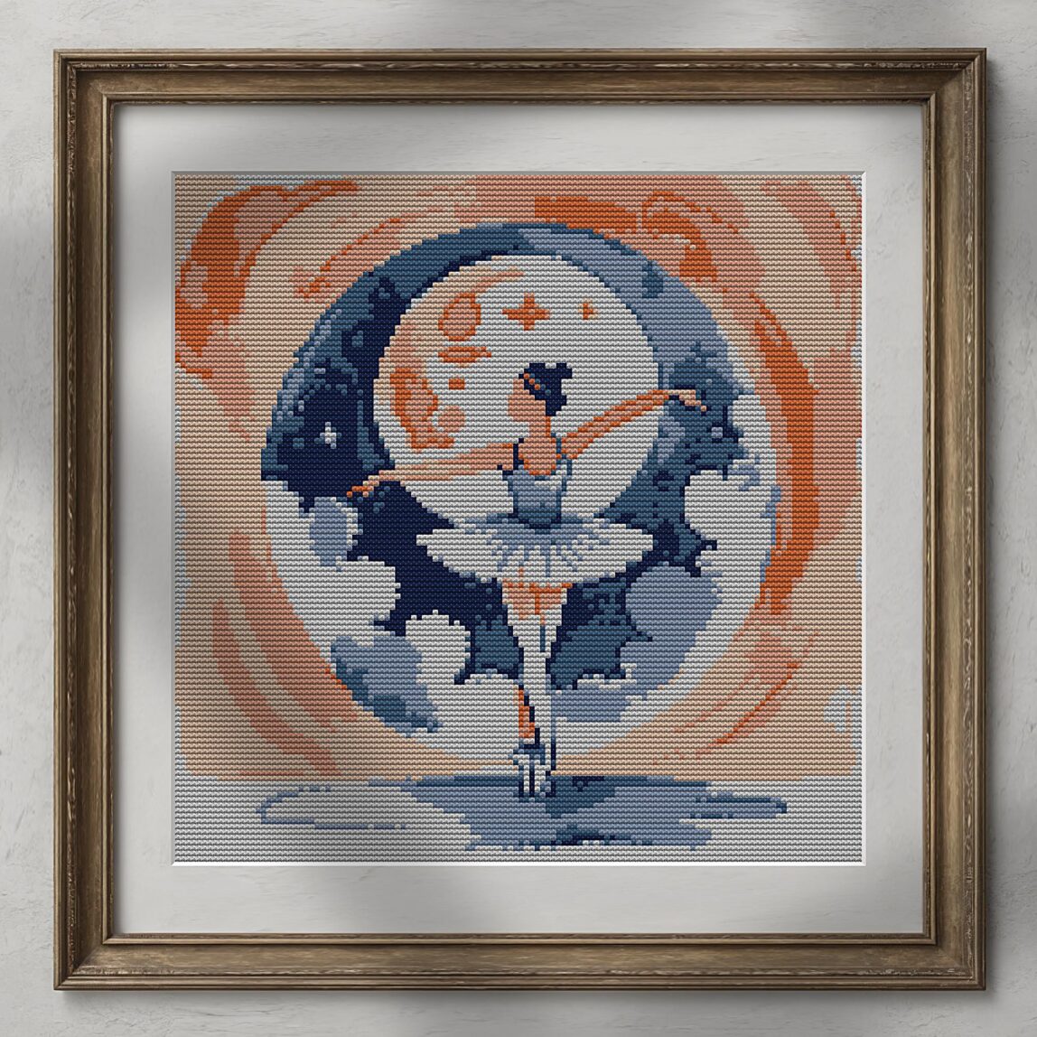 ballet-dancer_v08 alternative framed cross stitch mockup, realistic finished embroidery presentation