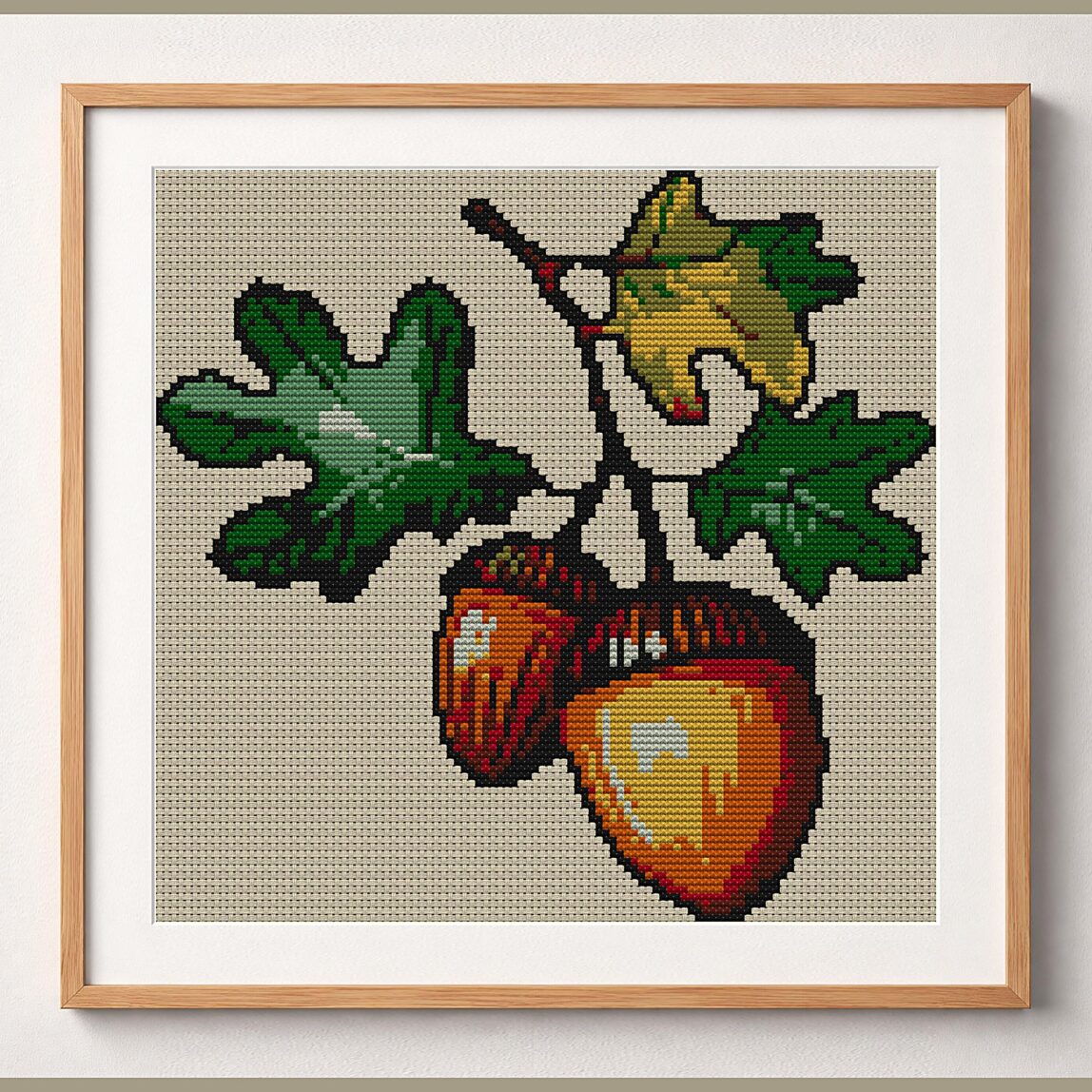 acorn_v08 framed cross stitch mockup acorn_v08 framed cross stitch mockup, realistic finished embroidery design, PDF pattern digital download