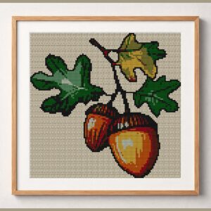acorn_v08 framed cross stitch mockup, realistic finished embroidery design, PDF pattern digital download