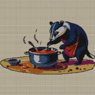 badger-chef-stirring-soup full cross stitch design mockup without frame, realistic embroidery preview