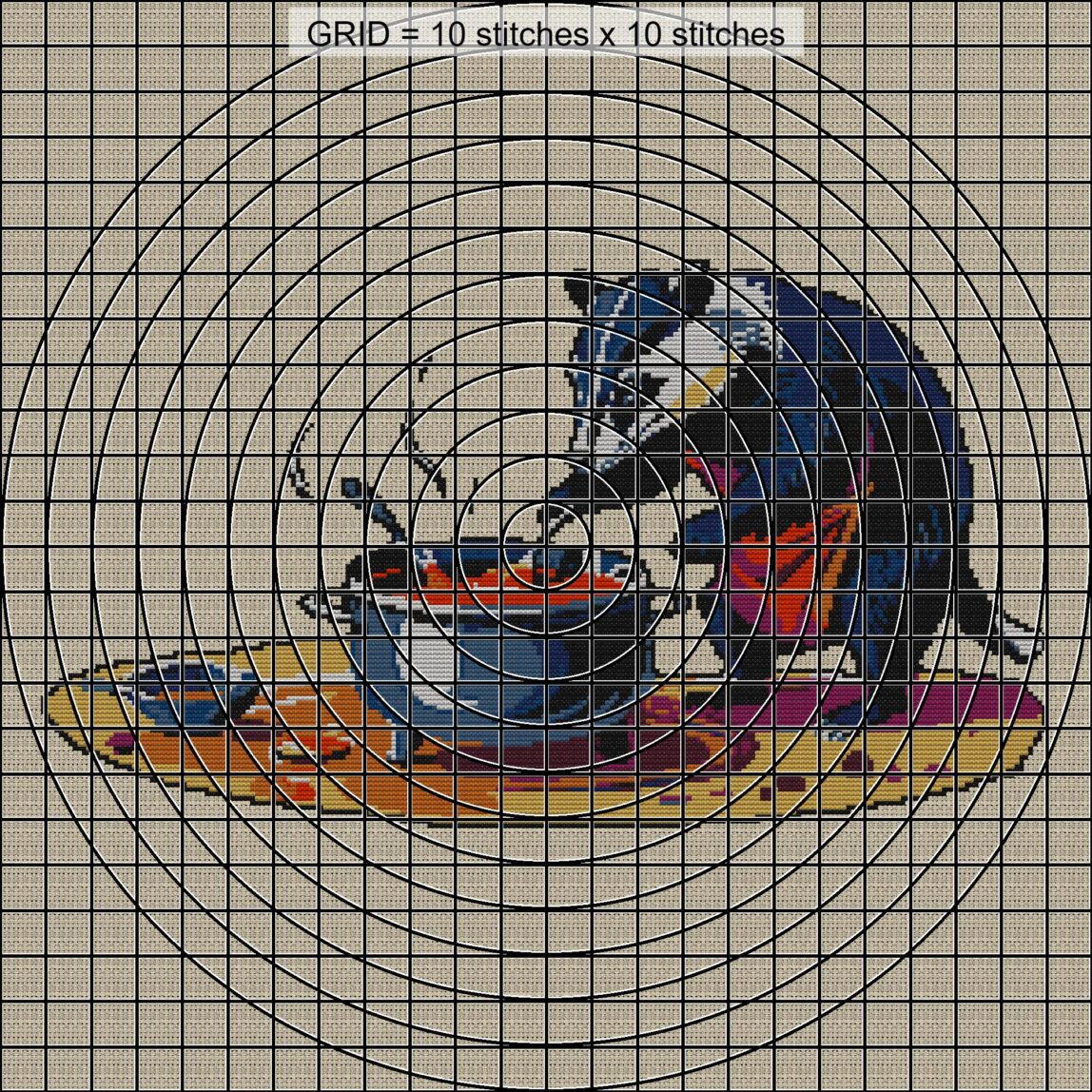badger-chef-stirring-soup close-up cross stitch detail showing color changes, confetti areas and stitch texture