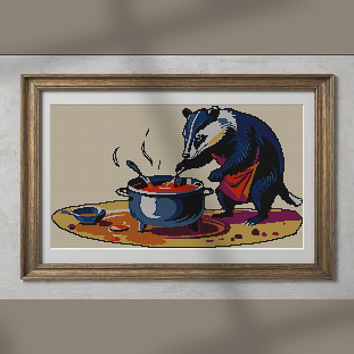 badger-chef-stirring-soup alternative framed cross stitch mockup, realistic finished embroidery presentation