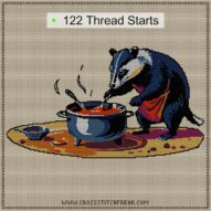 badger-chef-stirring-soup cross stitch start point map with highlighted thread start positions in the full design