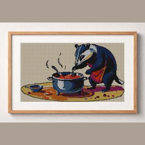 badger-chef-stirring-soup framed cross stitch mockup, realistic finished embroidery design, PDF pattern digital download