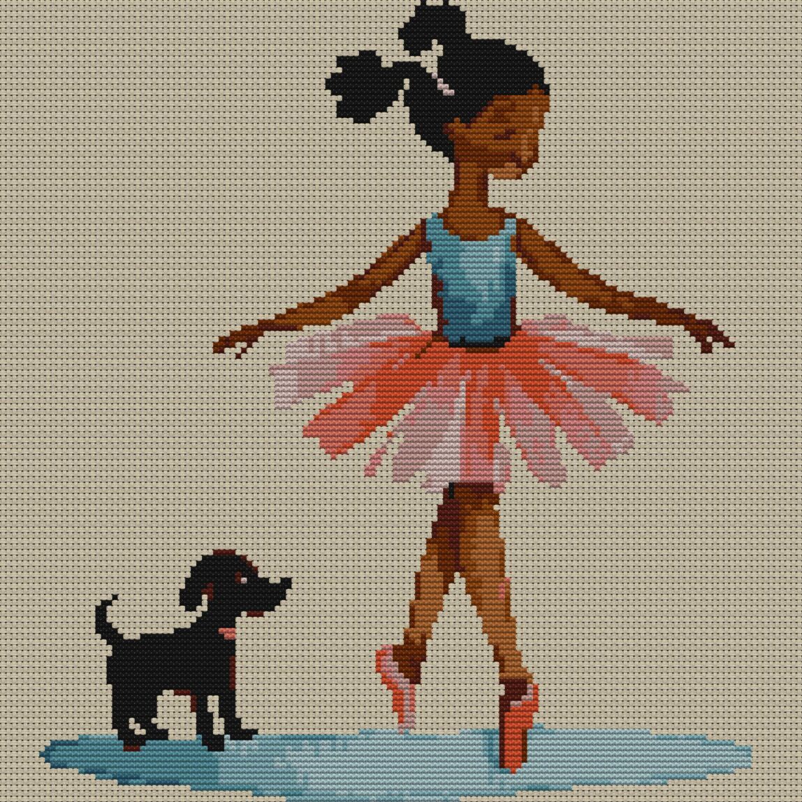 ballerina-and-puppy full cross stitch design mockup without frame, realistic embroidery preview