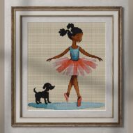 ballerina-and-puppy alternative framed cross stitch mockup, realistic finished embroidery presentation