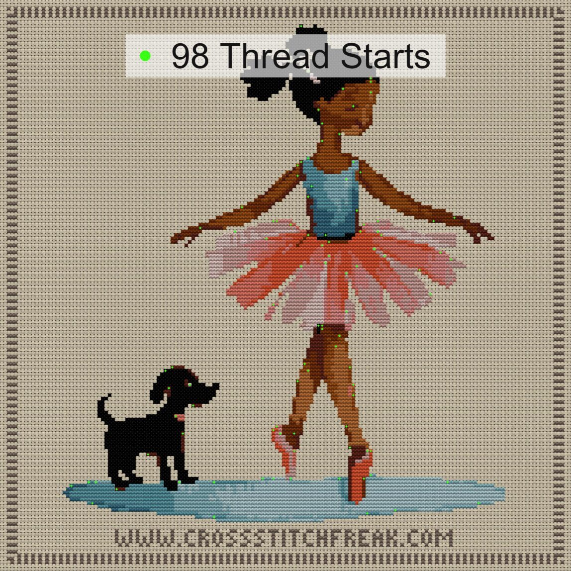 ballerina-and-puppy cross stitch start point map with highlighted thread start positions in the full design