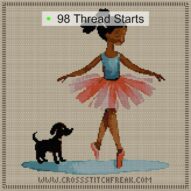 ballerina-and-puppy cross stitch start point map with highlighted thread start positions in the full design