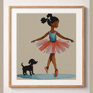 ballerina-and-puppy framed cross stitch mockup, realistic finished embroidery design, PDF pattern digital download