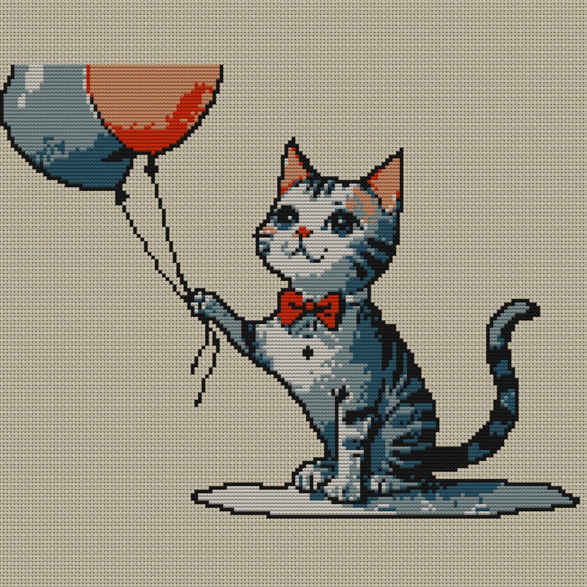cat-with-balloon-v10 full cross stitch design mockup without frame, realistic embroidery preview