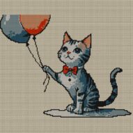 cat-with-balloon-v10 full cross stitch design mockup without frame, realistic embroidery preview