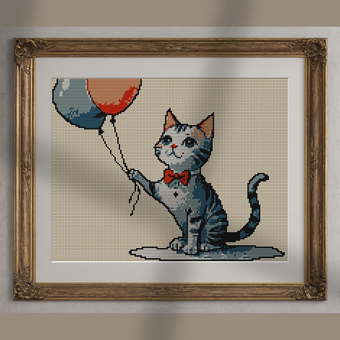 cat-with-balloon-v10 alternative framed cross stitch mockup, realistic finished embroidery presentation