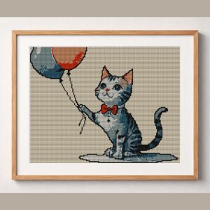 cat-with-balloon-v10 framed cross stitch mockup, realistic finished embroidery design, PDF pattern digital download