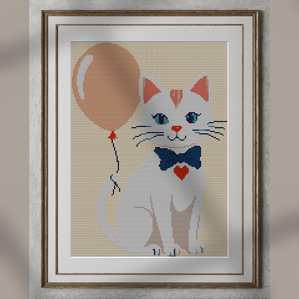 cat-with-balloon alternative framed cross stitch mockup, realistic finished embroidery presentation