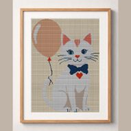 cat-with-balloon framed cross stitch mockup, realistic finished embroidery design, PDF pattern digital download