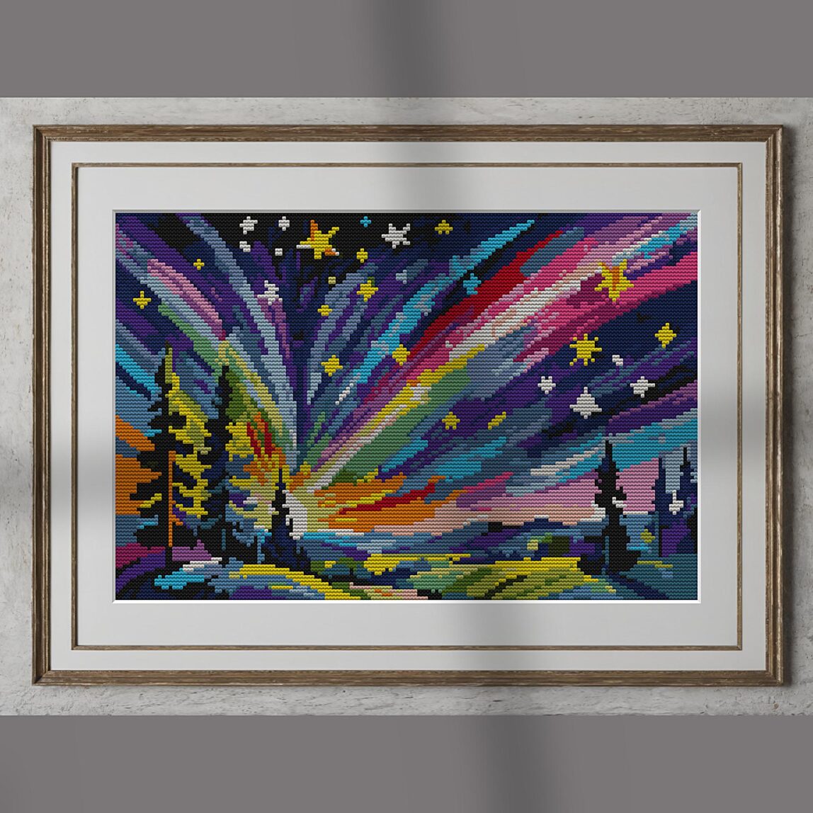 constellation alternative framed mockup constellation alternative framed cross stitch mockup, realistic finished embroidery presentation