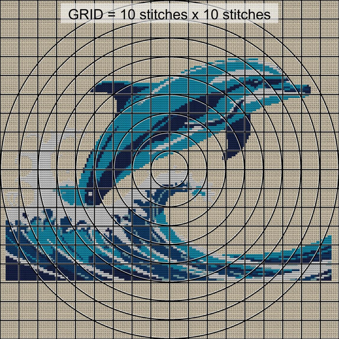 dolphin-jumping-over-wave close-up cross stitch detail showing color changes, confetti areas and stitch texture