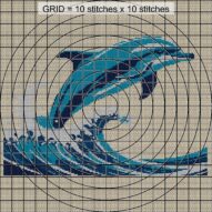 dolphin-jumping-over-wave close-up cross stitch detail showing color changes, confetti areas and stitch texture